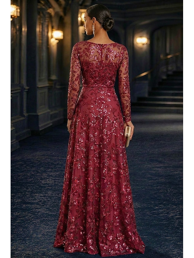 A-Line Dress Floor Length Party Dress Cocktail Dress Mother of the Bride Dress Long Sleeve Crew Neck Elegant Vintage Luxurious Formal Wedding Guest Kentucky Derby Chiffon Tulle with Pleats Sequin - Burgundy