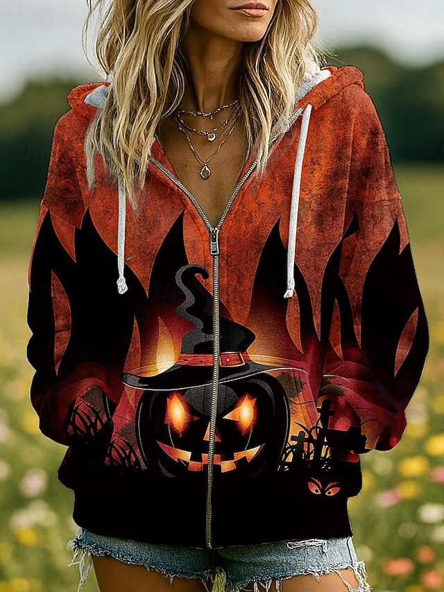 Halloween Women's Giant Skull Skeleton Ribcage Graphic Zip Up Hoodie 3D Anatomy Print Long Sleeve Drawstring Hood Pocket White Gray - Brown