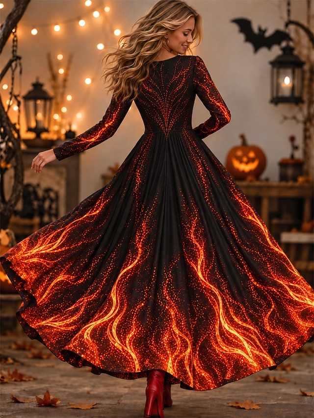 Halloween Women's Maxi Dress A Line Dress Elegant Vintage Designer Party Ombre Graphic Long Sleeve V Neck Black Yellow Red Fall Winter - Yellow