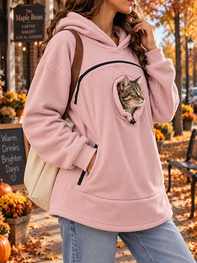 Women's Pet Carrier Hoodie Pet Pouch Hoodie Fleece Casual Long Sleeve Hooded Regular Tops pale pinkish gray Black Olive Green Yellow Red Fall Winter - pale pinkish gray