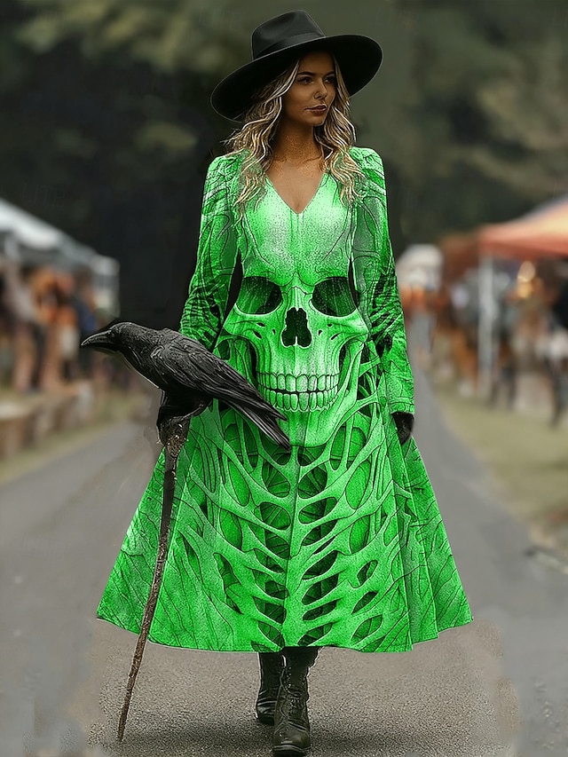 Halloween Women's Giant Skull Skeleton Print Midi Dress X Ray Rib Cage Graphic A Line V Neck Long Sleeve Gothic Costume Party Dress Gray - Green