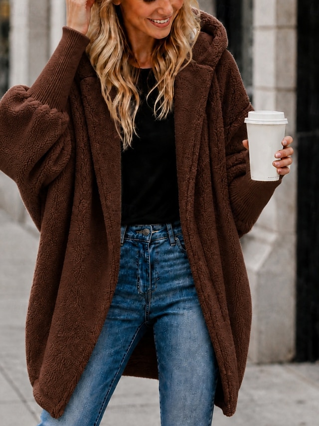 Women's Winter Coat Teddy Coat Warm Comfortable Open Front Casual Plain Casual Vacation Street Daily Wear Open Front Long Hooded Long Sleeve Outerwear Navy Black Pink Fall Winter - Brown
