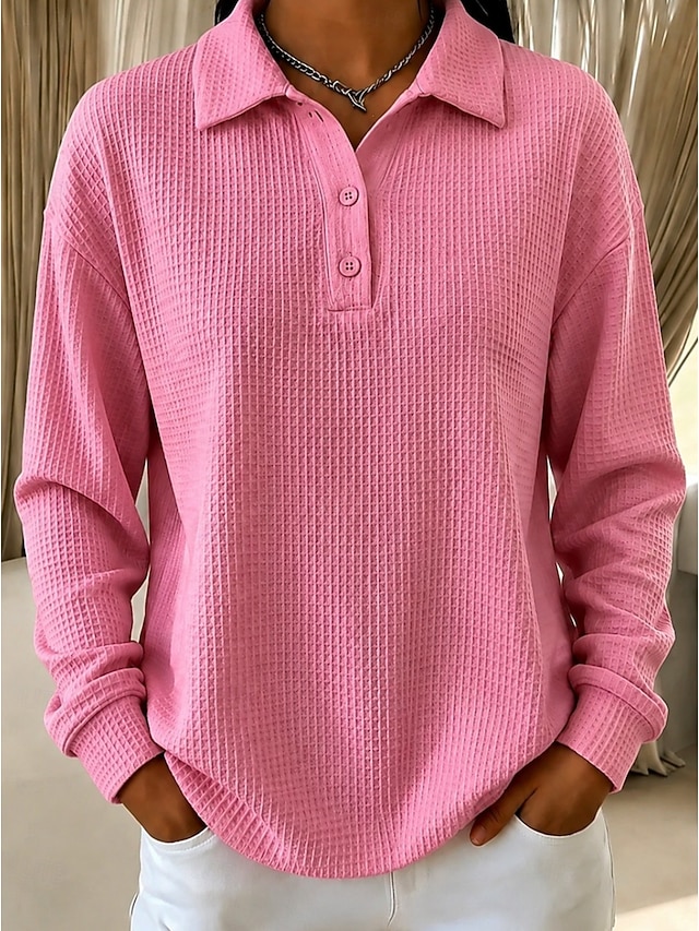 Women's Waffle Shirt Waffle Polo Shirts Texture Vacation Fashion Daily Long Sleeve Long Tops Casual Daily Streetwear Blue Yellow Red Spring Fall - Red