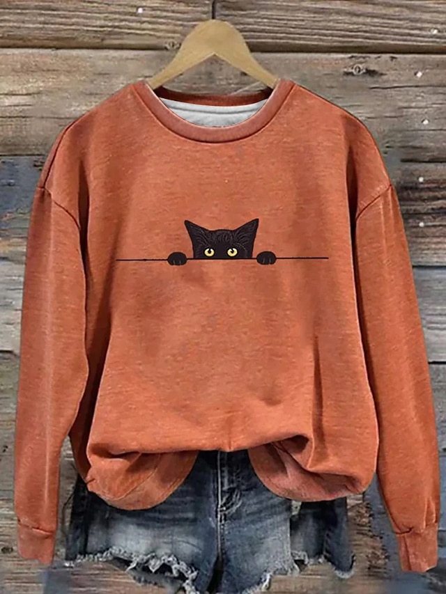Halloween Women's Pullover Sweatshirt Black Cat Graphic Animal Cat Fashion Casual Long Sleeve Crew Neck Regular Tops Street Dailywear Casual Print White Pink Orange Beige Gray Fall Winter - Orange