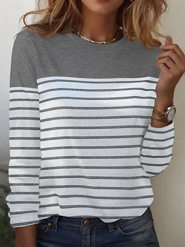 Women's T shirt Long Sleeve Crew Neck Long Sleeve Tunic Striped Basic Round Neck Regular Tops Daily Weekend Print Black White Red Blue Gray Fall & Winter Prefall - Gray