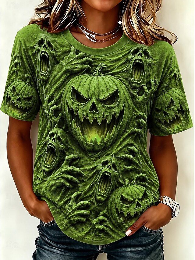 Halloween Women's T Shirt Print Graphic Pumpkin Vintage Stylish Classic Short Sleeve Crew Neck Regular Tops Casual Daily Ash Orange Green Fall Winter - Green