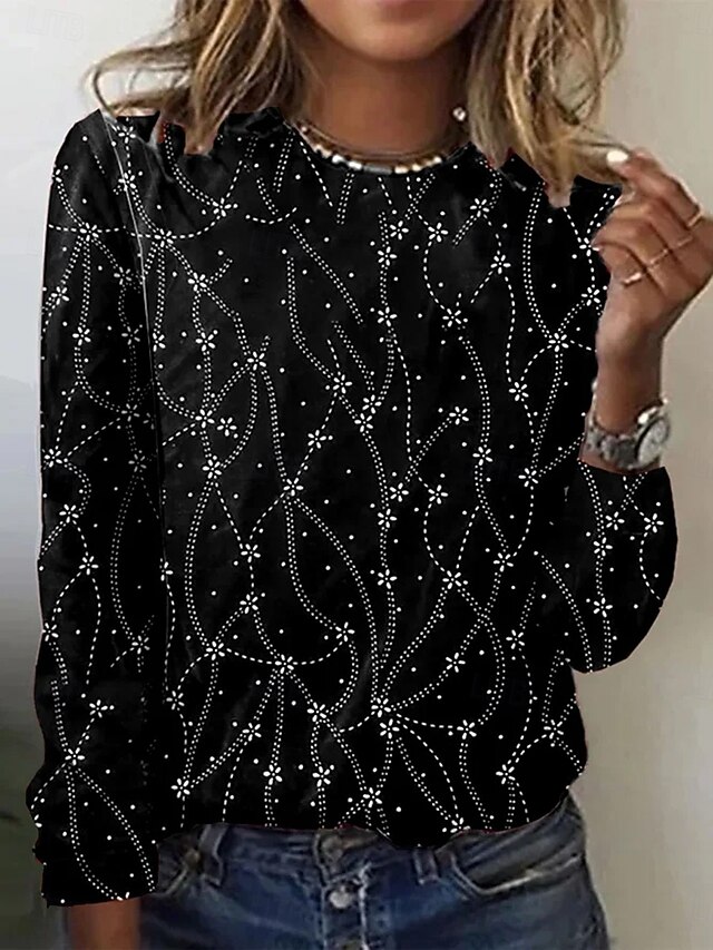 Women's T Shirt Print Floral Graphic Abstract Fashion Casual Long Sleeve Crew Neck Round Neck Regular Tops Daily Weekend Blue Black Red Green Summer Spring Fall - Black