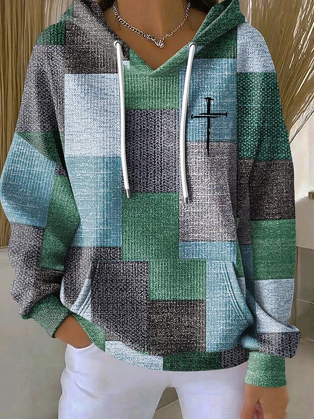 Women's Pullover Hoodie Sweatshirt Print Front Pocket Graphic Geometric Warm Vintage Casual Long Sleeve Hooded Regular Tops Casual Street Dailywear Pink Purple Orange Green Fall Winter - Green