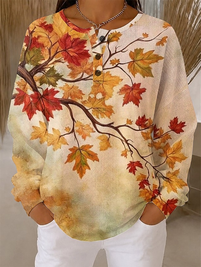 Women's Waffle Pullover Sweatshirt Knit Tops Buttons Graphic Abstract Fashion Casual Print Long Sleeve Crew Neck Regular Tops Casual Street Orange red Orange Beige Spring Fall - Orange red