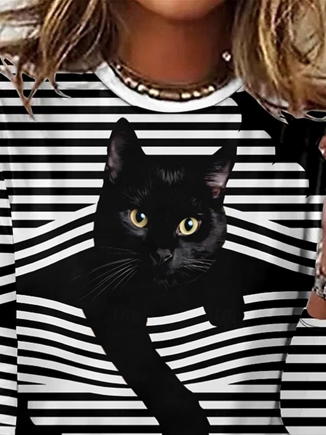 Women's T shirt Crew Neck Long Sleeve Tunic Cat Striped Casual Regular Tops Daily Print Black Green Spring Fall MAO - Black