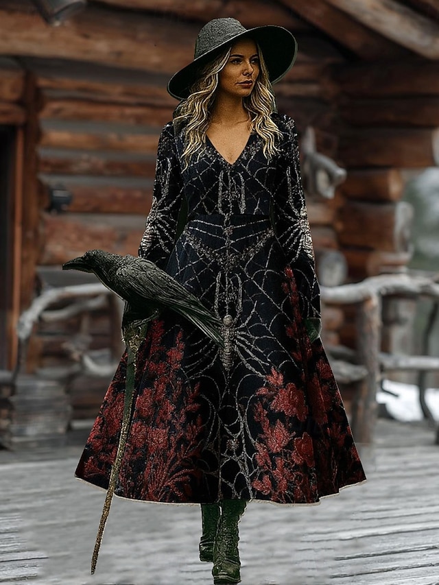 Halloween Women's Spider Web Print Maxi Dress Gothic Baroque Graphic A Line V Neck Long Sleeve Witch Costume Party Dress Black Dark Red - Dark Red