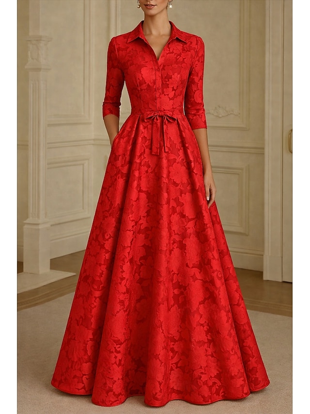 A-Line Floor Length Shirt Dress Formal Dresses Evening Gown Mother of the Bride Dress Long Sleeve Shirt Collar Elegant Vintage Formal Satin Jacquard with Bow(s) Flower - Red