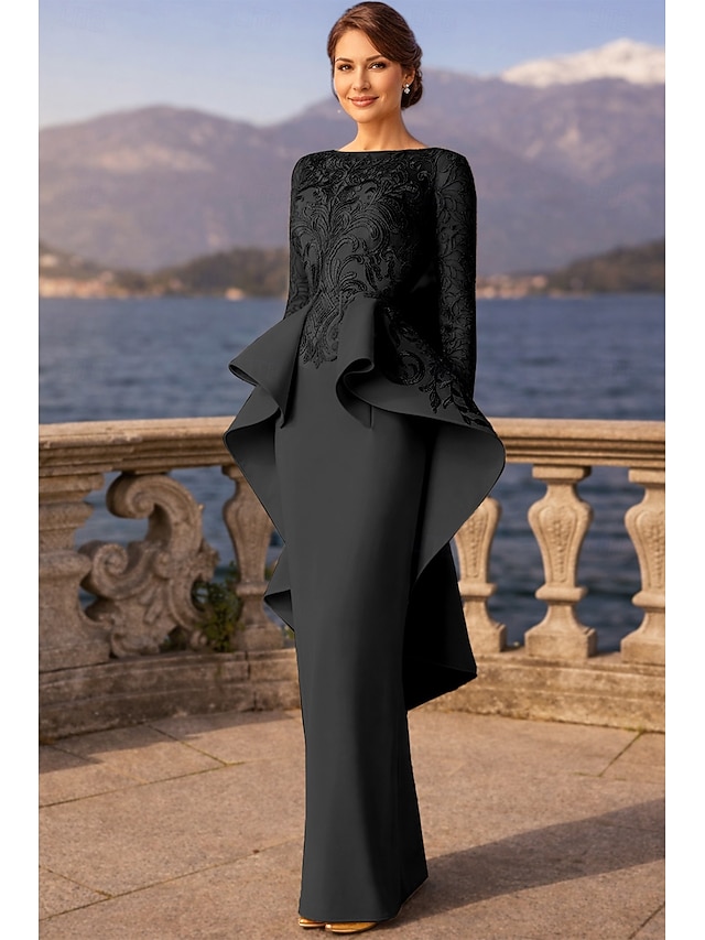 Sheath Column Floor Length Wedding Guest Dress Formal Dresses Evening Gown Mother of the Bride Dress Long Sleeve Scoop Neck Elegant Party Formal Wedding Guest Lace Stretch Fabric with Ruffles - Black