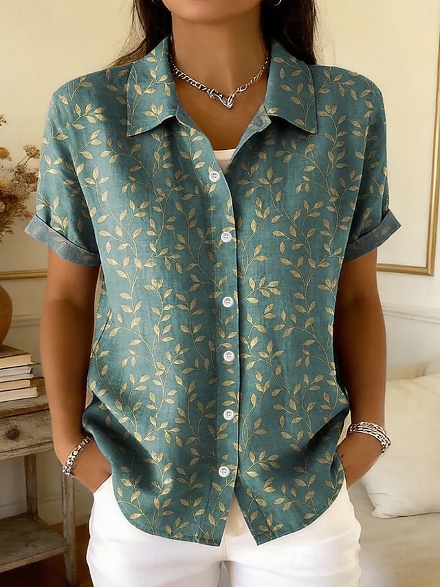Women's Shirt Buttons Print Floral Graphic Geometric Daily Stylish Casual Short Sleeve Shirt Collar Crop Tops Casual Daily Sage Green Green Summer Spring - Sage Green