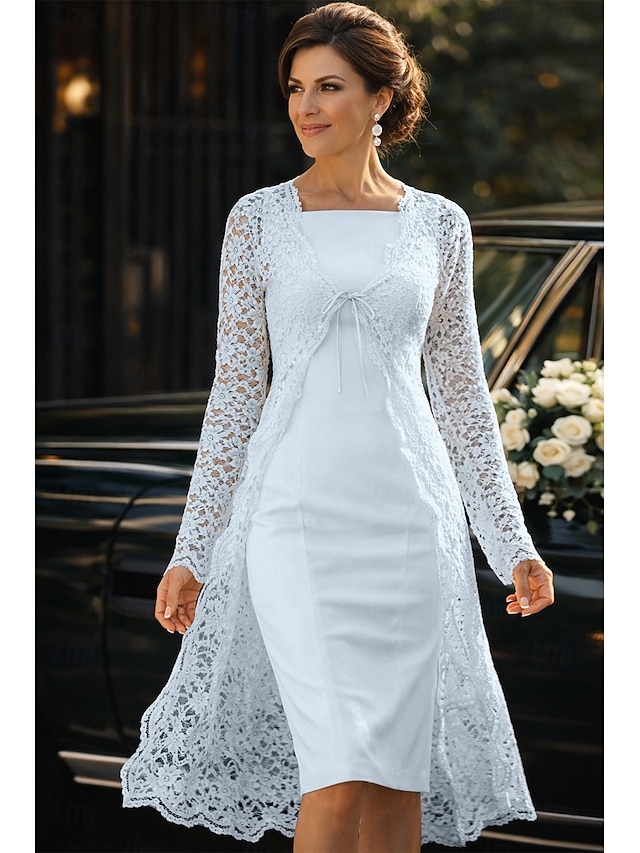 Two Piece Sheath Column Tea Length Wedding Guest Dress Mother of the Bride Dress Sleeveless Square Neck Elegant Wedding Guest Wedding Party Church Chiffon Lace Jacket Dresses with Lace Solid Color - Sky Blue