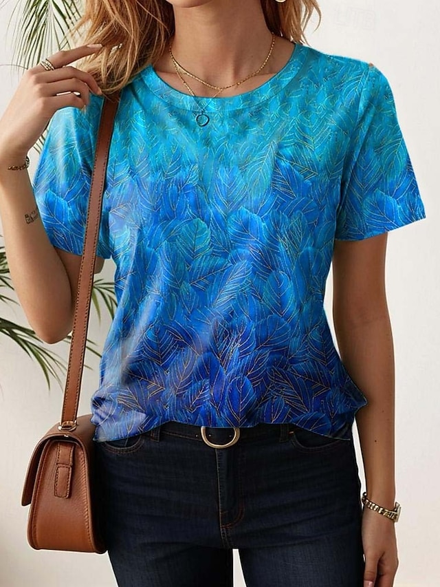 Women's T Shirt Print Floral Casual Short Sleeve Round Neck Regular Tops Daily Blue Black White Light Green Purple Summer - Blue