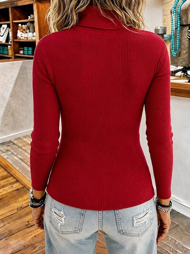 Women's Pullover Sweater Jumper Elegant Vintage Fashion Turtleneck Knitted Long Sleeve Regular Tops Knit Wine Red Dark Green Fall Winter - Wine Red