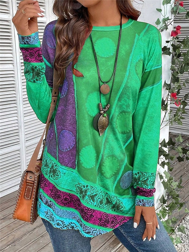 Women's T shirt Long Sleeve Vintage Ethnic Casual Print Long Sleeve Long Tops Crew Neck Daily Red Purple Green Fall Winter Prefall - Green
