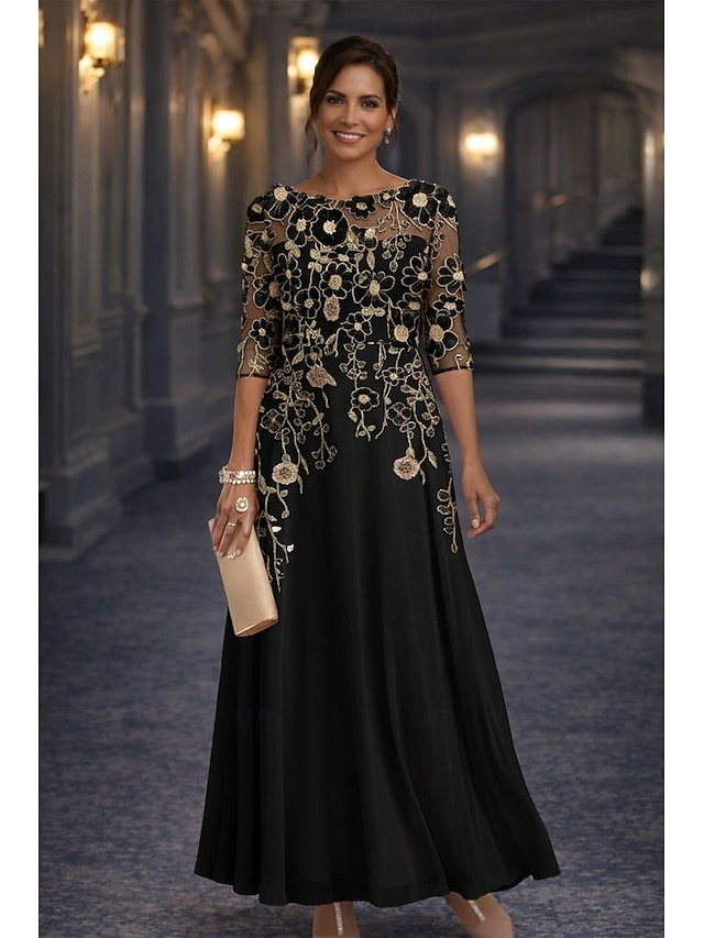 A-Line Floor Length Lace Dress Mother of the Bride Dress Long Sleeve Crew Neck Illusion Neck Elegant Vintage Formal Wedding Guest Wedding Party Chiffon Lace with Floral Print 3D Flowers Embroidery - Black
