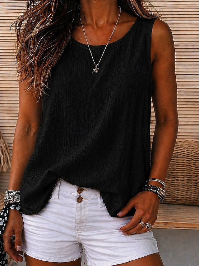 Women's Vintage Cozy 100%Cotton Washed Round Neck Sleeveless Tank Top Casual Black White Sky Blue Orange Violet Summer Spring - Black
