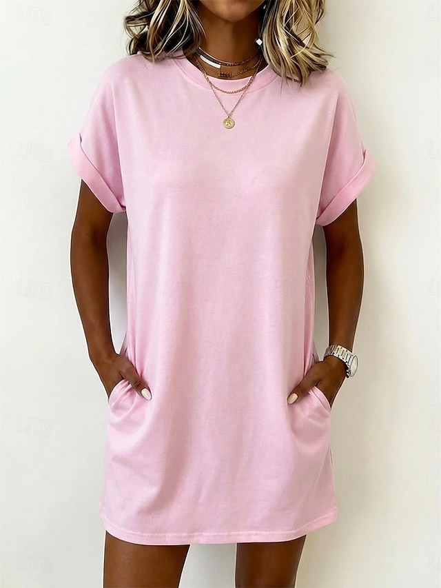Women's Mini Dress T Shirt Dress Tee Dress Basic Classic Daily Weekend Loose Fit Plain Short Sleeve Crew Neck White Black Pink Army Green Summer Spring - Pink