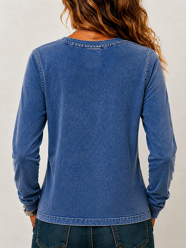 Women's Washed Cotton 100% Cotton Henley Shirt Solid Color Vintage Fashion Stylish Long Sleeve Crew Neck Long Tops Casual Beach Blue Purple Orange Spring Fall Winter - Blue
