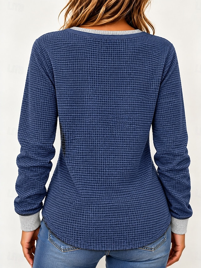 Women's Textured Knit Tops T Shirt Waffle Knit Tops Vintage Fashion Stylish Long Sleeve Henley Regular Tops Casual Going out Vacation Wear Blue Black Gray Spring Fall Winter - Blue