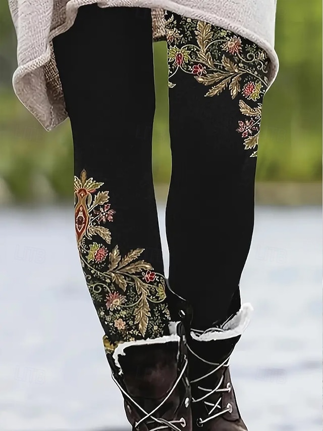 Women's Leggings Vacation Vintage Ethnic Style Ankle-Length High Waist Floral Graphic 3D Print Quick Dry Breathability Soft Stretchy Daily Home Outdoor White Red Green Khaki Spring Fall Slim Fit - Khaki