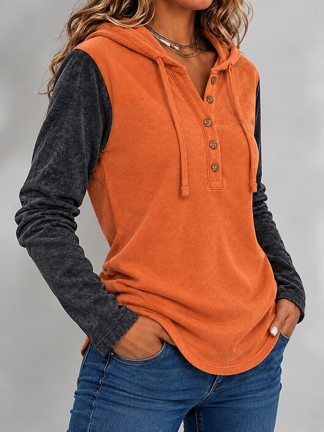 Women's Shirt Washed Cotton 100% Cotton Blouse Pleated Vintage Stylish Long Sleeve Hooded Henry Collar Regular Tops Casual Streetwear Work Blue Orange Summer Spring Fall - Orange