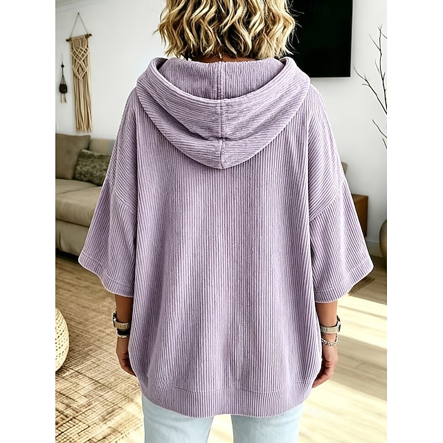 Women's Corduroy Tops Textured Warm Vintage Fashion 3/4 Length Sleeve Hooded Long Tops Casual Home Street Ash Light Purple Green Fall Winter - Light Purple