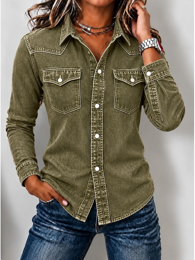 Women's Denim Blouse Denim Shirt Henley Shirt Graphic Plain Vintage Fashion Stylish Long Sleeve Regular Tops Casual Beach Blue Black Red Green Spring Fall Winter - Green