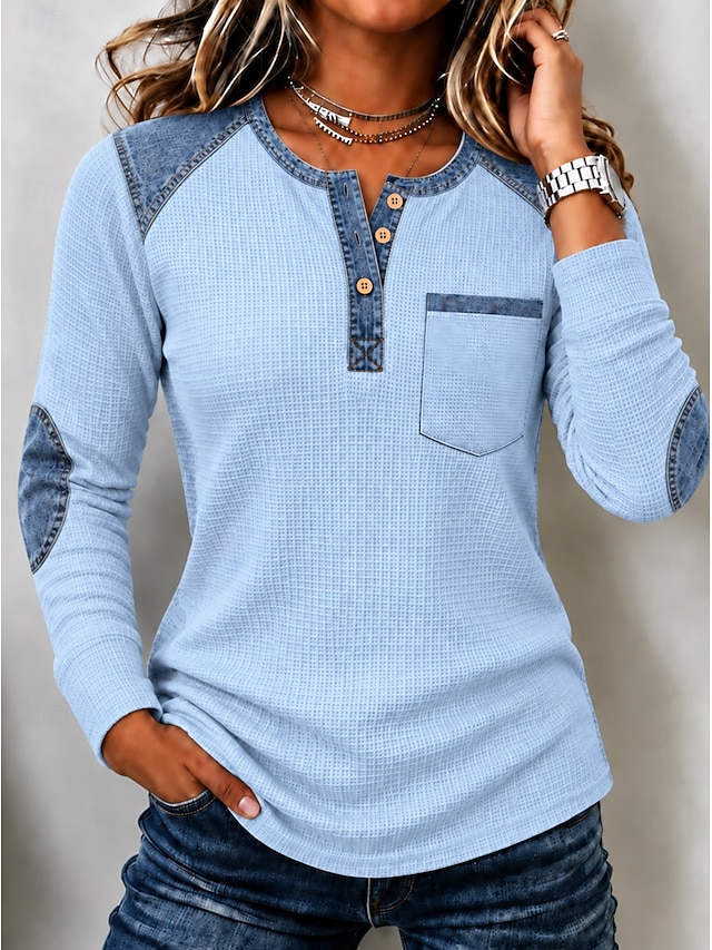 Women's Waffle Polo Shirts Patchwork Buttons Print Solid Color Bohemia Active Vacation Long Sleeve Crew Neck Long Tops Casual Daily Holiday Blue White Yellow Spring Fall Winter - Blue