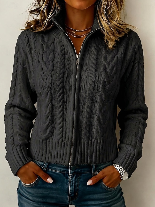 Women's Sweater Cardigan Sweater Streetwear Work Casual Solid Color Cable Stand Collar Zipper Long Sleeve Crop Tops Knit White Black Fall Winter - Black