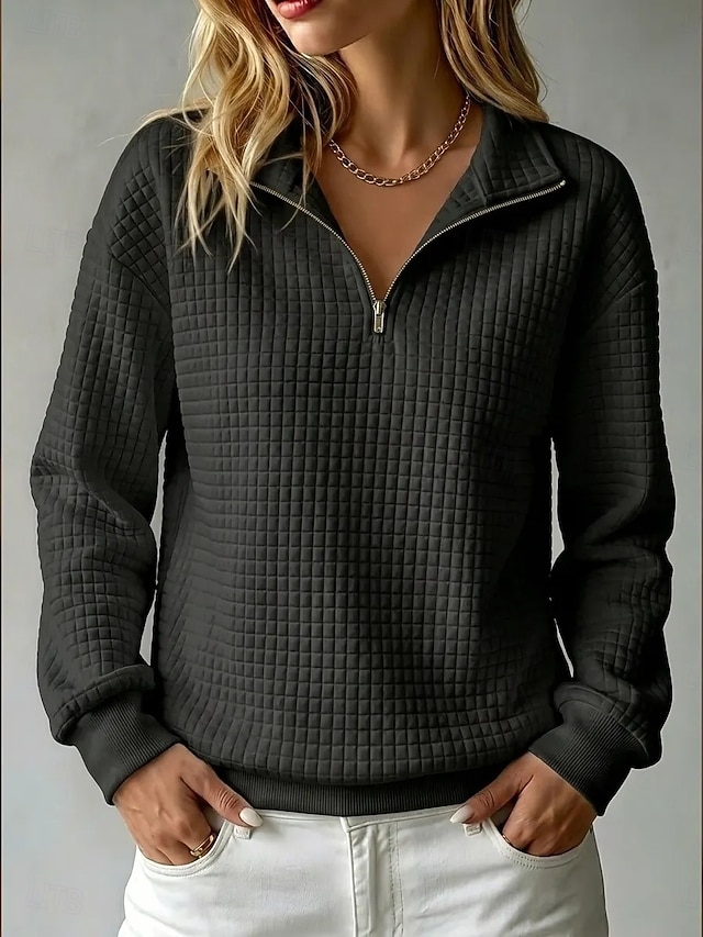Women's Waffle Hoodies Textured Zip Up Sweatshirts Half Zip Casual Long Sleeve Half Zip Regular Tops Casual Black Yellow Pink Dark Blue Light Blue Summer Spring Fall - Black