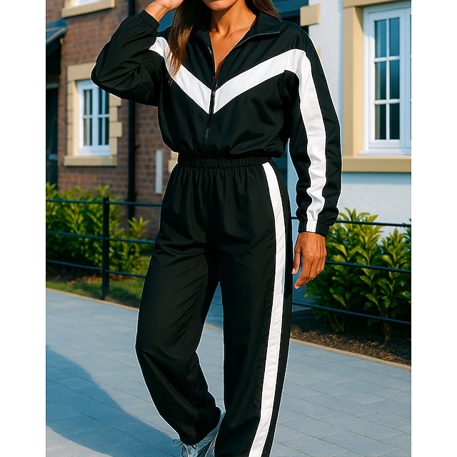 Women's Tracksuit Sweatpants Track Pants Zipper Pocket Solid Colored Clothing Suit Spring Fall White Black Gym Running Training Windproof Long Sleeve Sport Activewear Micro-elastic Regular - Black