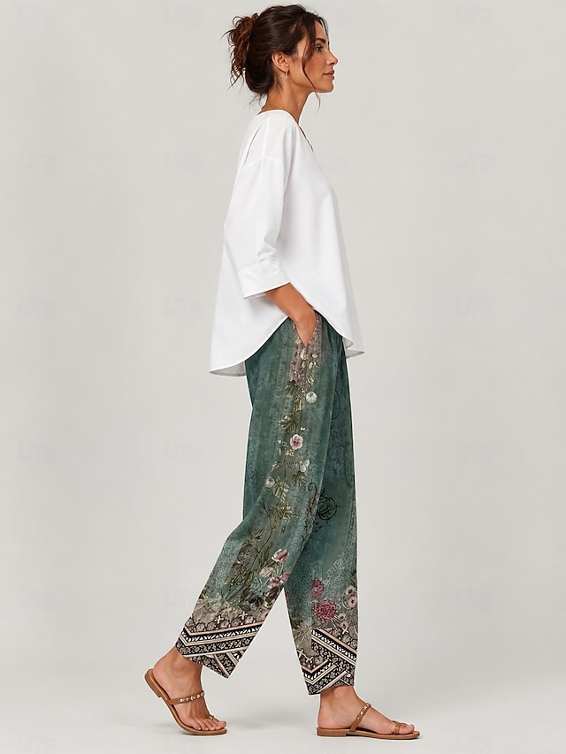 Women's Wide Leg Chinos Baggy Pants Beach Shorts Vacation Vintage Ethnic Style Ankle-Length High Waist Floral Graphic Printing Thermal Warm Soft Breathable Micro-elastic Casual Daily Vacation Ash - Green