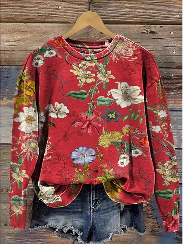 Women's Pullover Sweatshirt Print Floral Graphic Warm Active Vintage Long Sleeve Crew Neck Regular Tops Casual Street Dailywear Blue Black Red Purple Orange Spring Fall Winter - Red