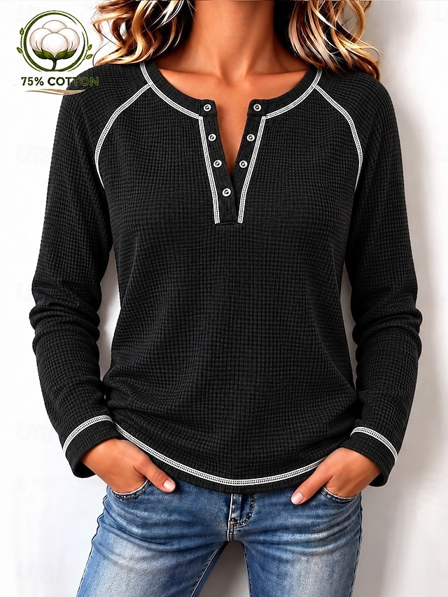 Women's Waffle T-shirt Textured Knit Tops T Shirt Vintage Fashion Stylish Long Sleeve Henley Regular Tops Casual Going out Vacation Wear Black Spring Fall Winter - Black
