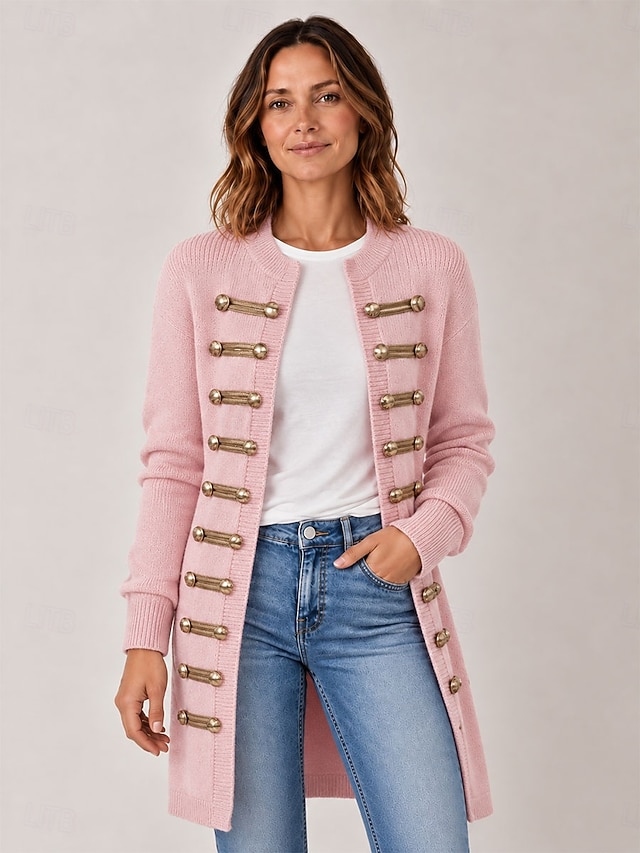 Women's Long Cardigan Knit Sweater Napoleonic Style Casual Ribbed Crew Neck Buttons Long Sleeve Long Tops Knit Club Party Halloween Blue Pink Fall - Gray