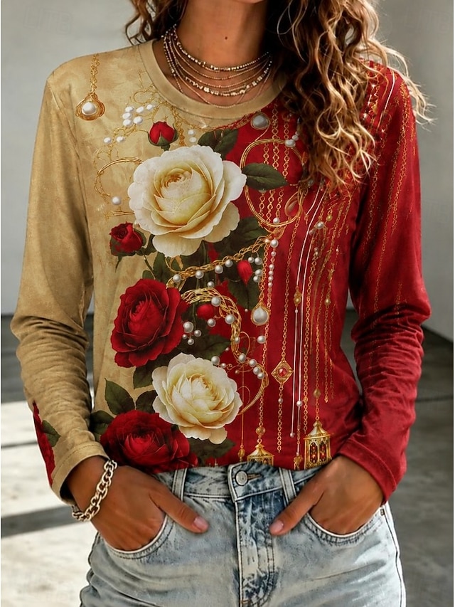 Women's T Shirt Print Floral Graphic Fashion Stylish Classic Long Sleeve Crew Neck Regular Tops Casual Daily Weekend White Black Yellow Red Green Summer Spring Fall - Red