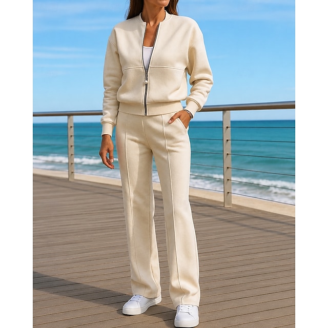 Women's 2 Piece Outfits Lounge Sweatsuit Pocket Solid Colored Clothing Suit Fall Black White Spandex Outdoor Travel Sports Moisture Wicking Long Sleeve Sport Activewear Micro-elastic Regular Fit - Beige
