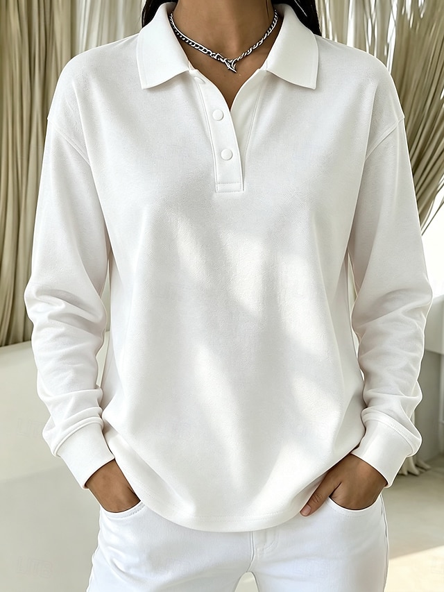 Women's 100% Cotton T Shirt Chest Buttons Plain Vintage Stylish Classic Long Sleeve Shirt Collar Polo Collar Long Tops Casual Daily Blue White Black Pink Red Spring Fall Winter - Black