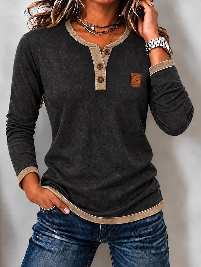 Women's Washed Cotton 100% Cotton Graphic Plain Vintage Fashion Stylish Long Sleeve Crew Neck Regular Tops Casual Blue Khaki Black Spring Fall Winter - Black