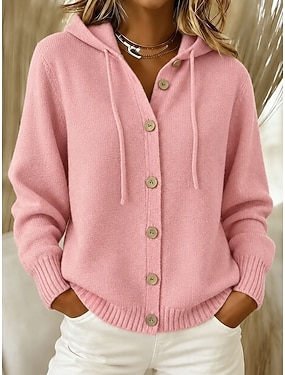 Women's Button Down Knit Cardigan Hooded Long Sleeve Casual Sweater with Drawstring - Pink