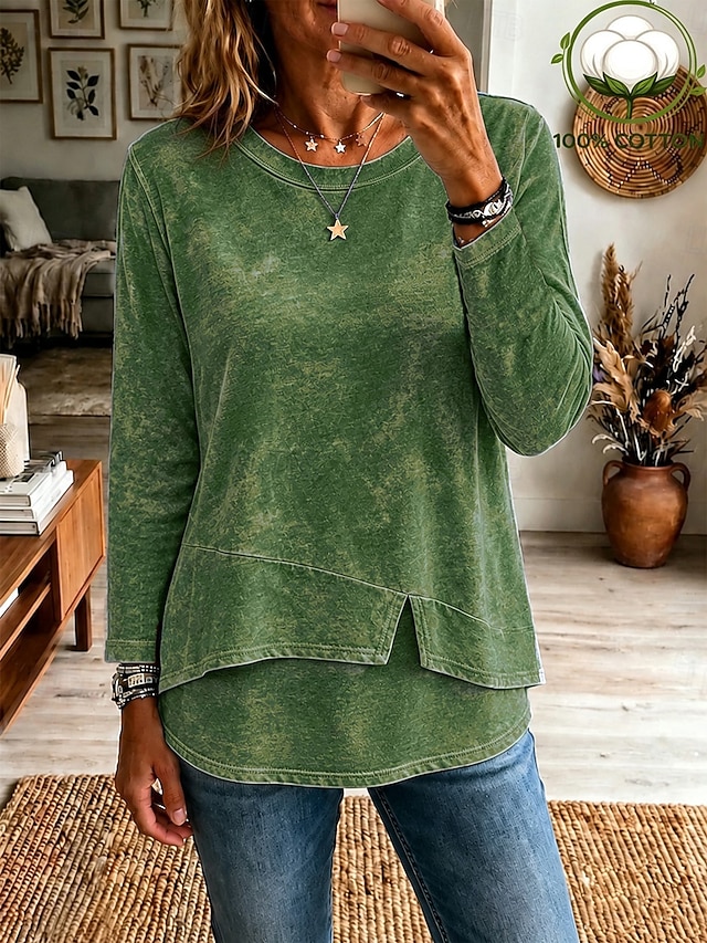 Women's Washed Cotton 100% Cotton Layered Top T Shirt Solid Color Stylish Casual Long Tops Casual Daily Blue Orange Green Summer Spring Fall - Green