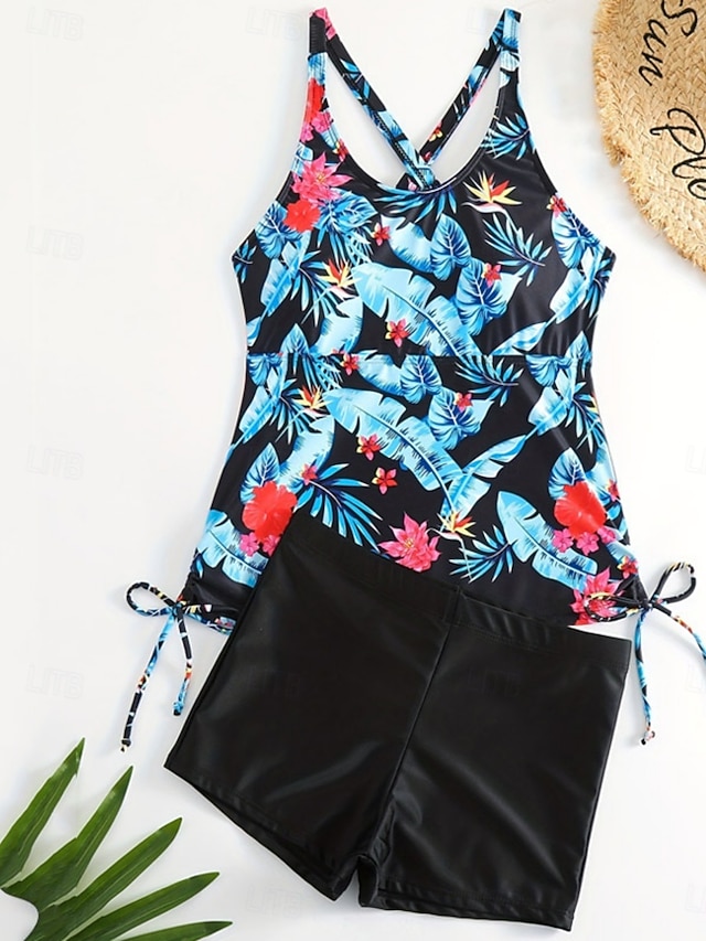Women's Tankini 2 Piece Swimsuit Palm Shorts Tummy Control High Waist Slim Backless Vacation Beach Wear Floral Leaves Halter Neck Sleeveless Bathing Suits - Blue