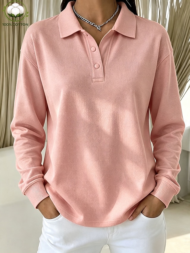 Women's 100% Cotton T Shirt Chest Buttons Plain Vintage Stylish Classic Long Sleeve Shirt Collar Polo Collar Long Tops Casual Daily Blue White Black Pink Red Spring Fall Winter - Pink