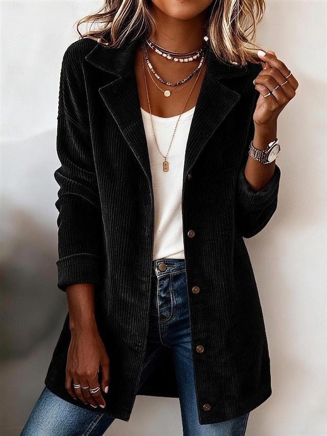 Women's Long Coat Blazer Corduroy Jacket Lightweight Buttons Elegant Modern Solid Color Casual Daily Street Regular Notch Lapel Long Sleeve Outerwear Black Wine Purple Fall Winter - Black