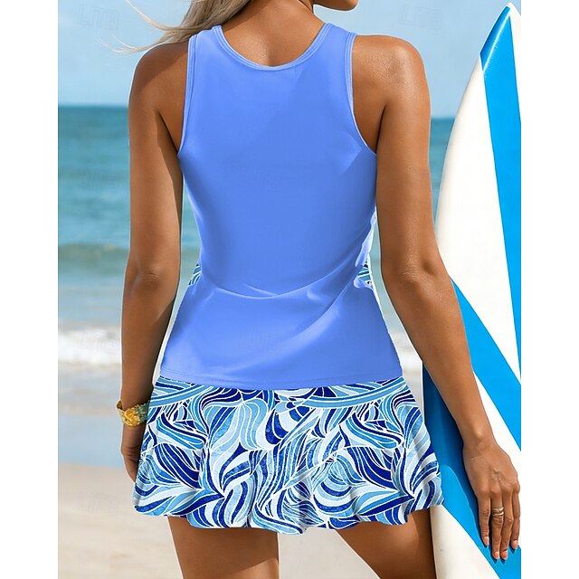 Women's Floral Print Swimsuit Tankini 2 Pieces Printed Elastic Sleeveless Swimwear Surfing Snorkeling Swimming Summer - Blue