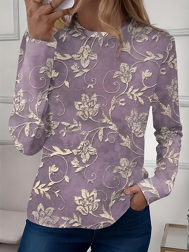 Women's T shirt Long Sleeve Crew Neck Long Sleeve Tunic Floral Casual Regular Tops Daily Print Sage Green Pink Blue Sky Blue Purple Spring Fall Prefall - Purple